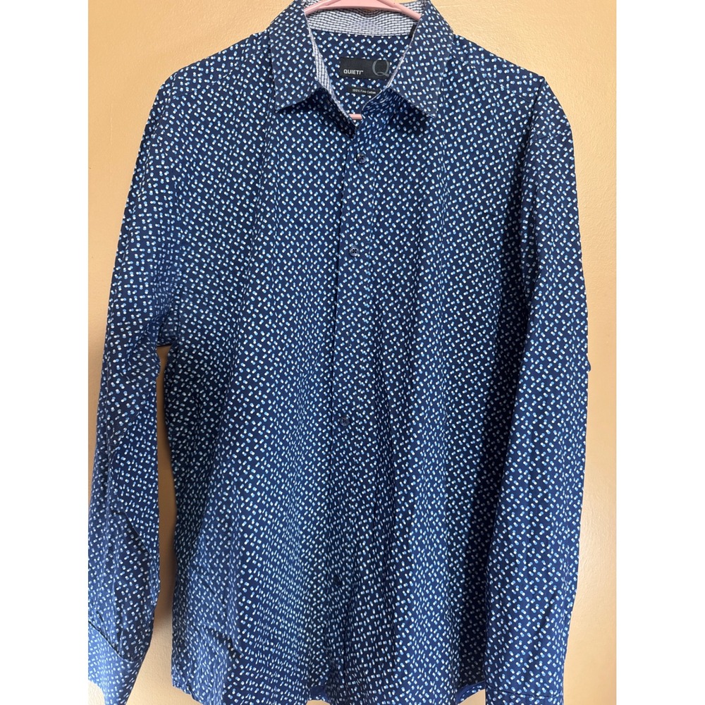 Quieti‎ Mens Button Down Shirt Blue White Geometric Polka Dot Long Sleeve XL